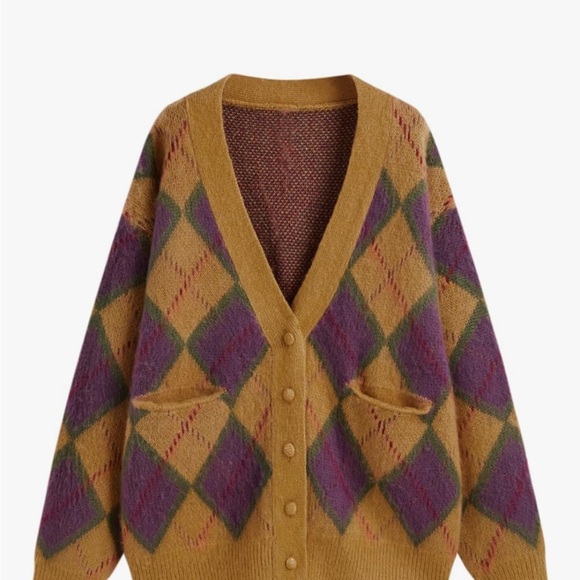 Cider Mustard and Purple Argyle Cardigan - Picture 1 of 6